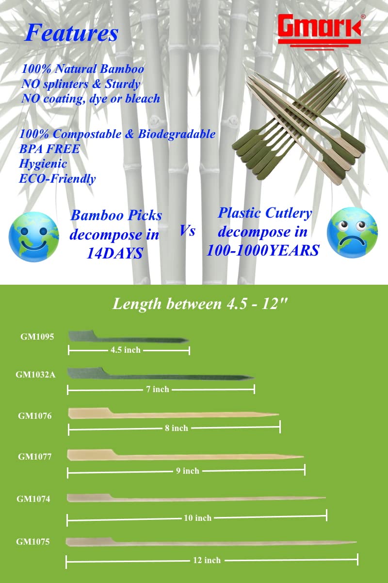 Gmark Bamboo Paddle Skewers 12" 100pc/Bag, Kabob Skewers, BBQ Skewers for Outdoor Grilling GM1075 - Image 2